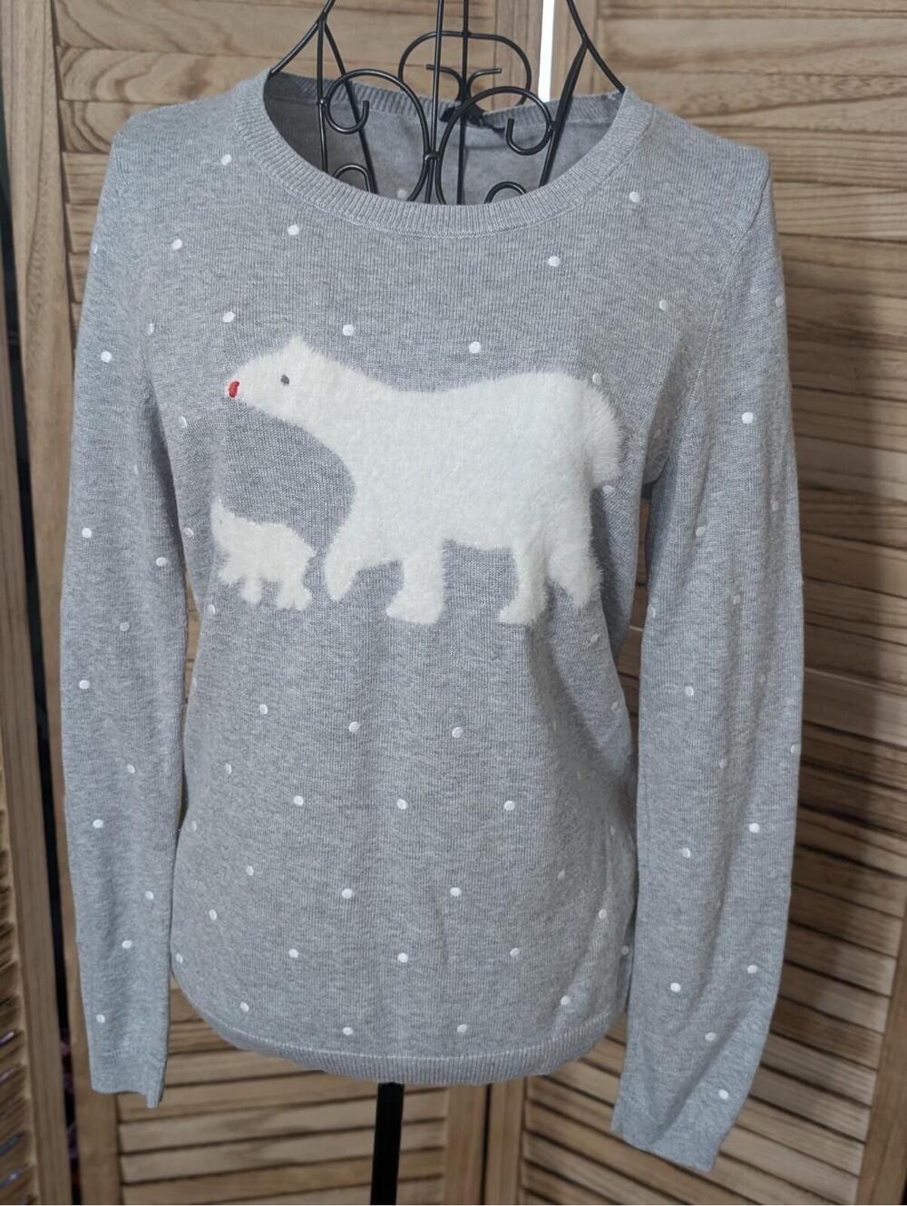 Talbots XS Gray White Polka‎ Dot Sweater With Furry Polar Bears